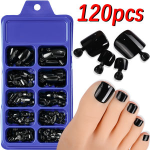 120Pcs Glossy Black Press On Toenails Short Square Full Cover Fake Toenail Tips for Summer Women False Foot Nail Tip Extension &