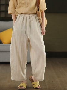 กางเกงขายาวทรงหลวมเอวสูงผ้าลินินผสมคอตตอนสำหรับผู้หญิง ฤดูร้อน 2025 กางเกงขายาวทรงหลวมสไตล์ลำลอง ทรงตรง ทรงหลวม ทรงหลวม ทรงหลวม
