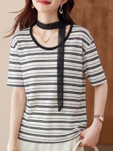 Basic House | U-neck Strap Detailing Stripes Hollow-out Short-sleeve T-shirt Summer