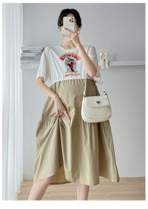Real shot pregnant women summer new Korean loose splicing dress large size round neck short sleeve maternity dress t-shirt dress