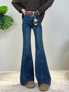 Deep Blue High Waist Bell Bottom Jeans Womens Small Size 2025 New Autumn Retro Four Way Stretch Flared Pants