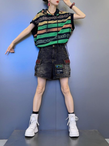 Shalldoer | Cool And Stylish Womens Summer Hat T-Shirt And Shorts Two-Piece Set Striped Color Block Denim Shorts Sleeveless Hoodie Ensemble