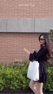 HJYN | Áo kiểu cột nơ cách điệu chân váy xoè màu đen chất liệu linen premium