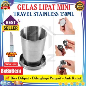 GELAS LIPAT STAINLESS 150ML BONUS PISAU LIPAT - Gantungan Kunci Gelas Lipat Camping - Gelas Lipat Portable - Gelas Unik - Cangkir Lipat - Gelas Stainless - Cangkir Stainless - Gelas Traveling - Gelas Outdoor - Cangkir Gunung - COD