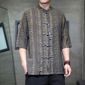 JIARONG | Asian Style Linen Mandarin Collar Shirt Large Size