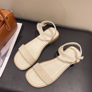 Womens Flat Sandals Open-Toe Soft Bottom Roman Beach Shoes Comfortable Summer New Style Casual Low Heel Knot Ankle Strap