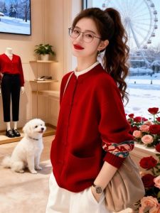 Chic Languid New Chinese Red Knit Top