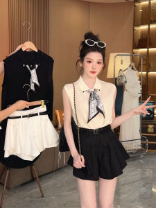 YUEZHONGWEI | French Collar Silk Scarf Tie Ice Silk Knit Slimming Backless Polo Shirt