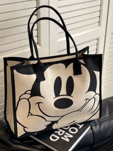 Large Capacity Canvas Tote Bag Womens 2025 New Cute Cartoon Single Shoulder Mommy Bag Travel Handbag Soft Foldable Polyester Lining