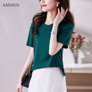 Ammin 2023 thời trang mới mùa hè tính khí lỏng lẻo với màu trơn crewneck lụa băng cotton T-Shirt cho phụ nữ