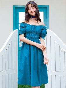 Lagogo Summer New Style Blue Dopamine Lady Dress Womens Waist Cinching Slimming Gown Elegant Shoulder Baring Bubble Sleeve