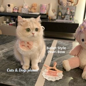 Cat Bib Pet Ballet Neckscarf Water Towel Pearl Lace Butterfly Knot Court Neck Warmer Gradient Gold Blue White Pet Accessories