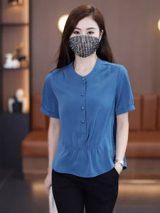 Summer Ice Silk Womens Shirt Fashionable Ageless Tummy Covering Slimming Solid Color Top Elegant Small Shirt Polyester Fiber