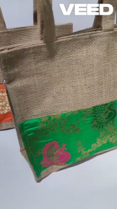 Traditional Jute Lunch Bag with Peacock & Flower Design Print | Zip Closure Multipurpose Tote for Grocery & Shopping | Eco-Friendly Bag | Pack of 1 | Size: 10(H) x 10(W) inches