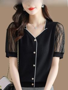 WANGGONGZHU | Princess Style Ice Silk Lace Knitted Short Sleeve Top Women Summer Thin New Fashion Square Collar T-Shirt Straight Cut Korean Version