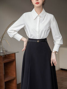 Pure ผ้าฝ้าย สีขาว เสื้อเชิ้ตแขนยาว ผู้หญิง Business ทางการ เสื้อท่อนบน เสื้อผ้าสัมภาษณ์สํานักงาน ประเภทท่อตรง ปกโปโล