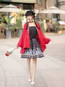 Original Hanfu Short Skirt for Women in Red by Wang Hong Qi Modified Traditional Chinese Performance Costume with Han Elements