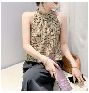 REHIN Summer new fashion floral printed sleeveless with cutaway shoulders versatile Slim fit high neck trendy womens top