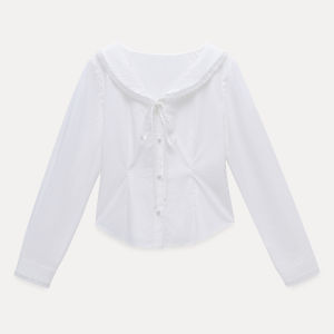 Áo Sơ Mi Dài Tay Cổ Chữ V Ren Màu Trắng Cho Nữ EGGKA Áo Khoác Cardigan Hở Thanh Lịch Đi Làm Áo Chui Đầu Không Tay