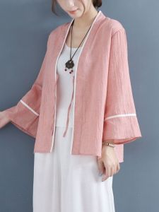 Retro Cotton Linen Jacket Women Loose Tie Chinese Style Hanfu Air Conditioner Shirt Tea Clothing Top Thin Outerwear Beautiful