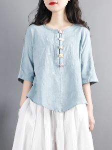 WANGGONGZHU | เสื้อเชิ้ตผู้หญิงแขนสั้นสไตล์จีนใหม่ ทรงหลวม คอตั้ง สไตล์เกาหลี ฤดูร้อน 2025 ผ้าฝ้ายลินิน ทรงไม่สมมาตร