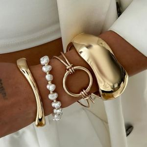 Ingemark Exaggerated Trendy Imitation Pearl Chain Bracelet for Women Punk Irregular Geometric Smooth Spring Bangles Men Jewelry