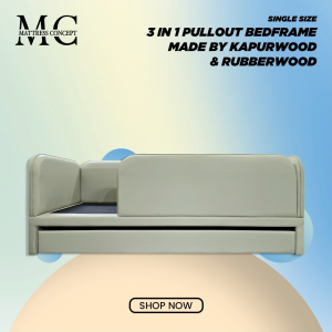 (LOCAL SELLER & READY STOCK!) 3 In 1 Pullout Bed Frame With Side Guard & Full PVC Single Size Made By Kapurwood and Rubberwood ( FREE DELIVERY & INSTALLATION)