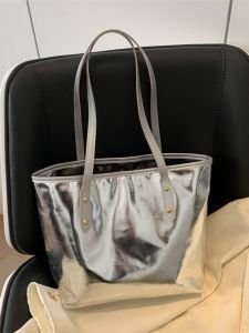 Fashionable Silver Tote Bag Womens Shoulder Bag for Class Summer Trendy Large Capacity Student Bag Soft PU Leather Zipper Closure