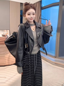 เสื้อแจ็คเก็ตหนังสั้นทรงหลวมสไตล์เกาหลีสำหรับผู้หญิง ทรงหลวม ทรงปกติ แขนยาว ปกปิดหน้าอก ฤดูใบไม้ผลิ 2025