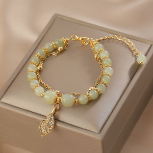 Hetian Jasper Golden Branch Jade Leaves Bracelets For Women Luxury Double Layer Bead Bracelet Party Wedding Jewelry Gift