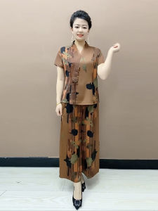 Elegant Silk Short Sleeve Top High Waist Wide Leg Pants Two Piece Set for Women over 40 Summer Fashion Floral Print