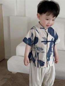 Boys Short Sleeve Shirt Summer New Chinese Style Children's Fashionable Baby Shirt 2025 New Arrival Trendy Top for Kids