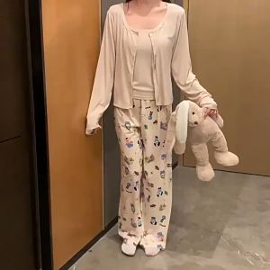 ST235 Free Size Women Long Pants Wide Leg Loose Pajama Pant Cartoon Print Sleepwear Long Pants