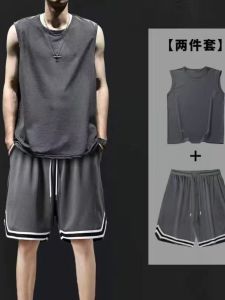 New Mens Summer Sport Set No Sleeve Tank Top And Basketball Shorts Fitness Running Casual Two Piece Suit Polyester Fiber