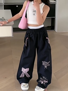 Fashion Pants For Kids Girl 7-15yrs Lace Bow Print Quick Drying Jogging Pants Baggy Pants Summer Thin Style Sweet Cool Trouser For Kids Girl