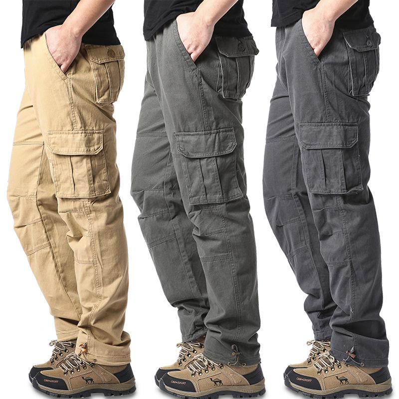 Large Pocket Loose Overalls Mens Outdoor Sports Jogging Tactical Pants Elastic Waist Pure Cotton Casual Work Pants