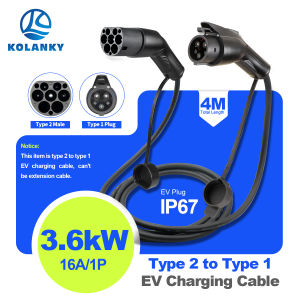 Kolanky  EV Charging Cable 16A 3.6KW Type 2 to Type 1 Connector For US Electric Vehicle Fast Charging Cord 4M