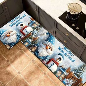 VIKAMA Vintage Snowman Santa Christmas Kitchen Floor Rug Pack Rubber Non Skid Mat For Hallway Laundry Bathroom Xmas Decor