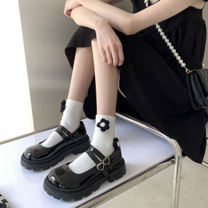 รองเท้า Mary Janes ส้นหนาสีดำ ทรงหัวมน สำหรับผู้หญิง ทรงสตรีทสไตล์อังกฤษ ทรงส้นแบน แฟชั่นฤดูใบไม้ผลิ