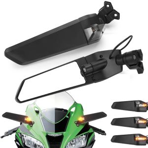 Motorcycle Wing Rearview Mirrors with LED Rotating Adjustable High Visibility Mirrors For Kawasaki Ninja 250 300 400 650 H2 H4