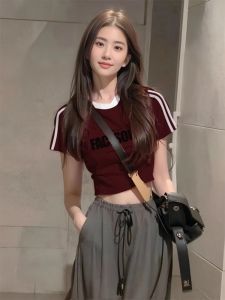 White Striped Red Wine Color Short Sleeve T-Shirt Womens Slim Fit Cotton Printed Letter Summer New Style Pure Cotton Top