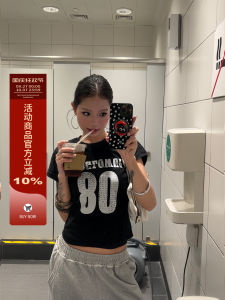 Washed Vintage American Style Short Sleeve T-Shirt Womens Street Dance Sport Top Summer Moisture Wicking round Neck Crop Top