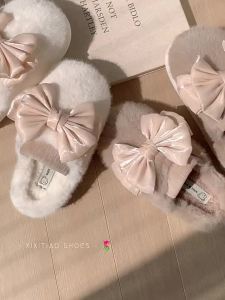 XIXITIAO Cute Bow Plush Warm Postpartum Confinement Shoes Interior Home Poop Feeling Winter Closed Toe Cotton Slippers Female