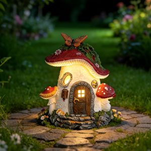 Solar Fairy Mushroom House Garden Statue with LED Lights Waterproof Resin Fairy Cottage Outdoor Yard Patio Lawn Decor Gift