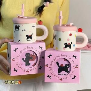 Cốc Cà Phê Gốm Có Nắp Và Ống Hút Dễ Thương Cốc Nước Văn Phòng Cho Nữ Quà Tặng Sinh Nhật Cốc Đựng Nước Hình Mèo Dễ Thương