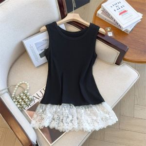 Black Lace Hem Crop Top Womens Summer 2025 Outerwear Vest Layering Base Shirt Inner Wear plus Size Belly Cover