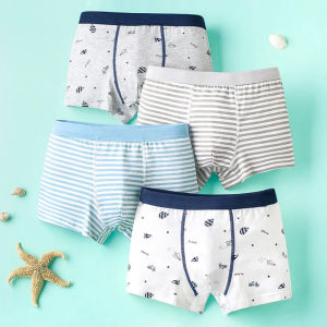 Boys Cotton Boxer Shorts 4Pcs Set Kids Underwear Cartoon Striped Children Underpants for 3-14 Years Old