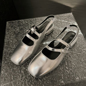 Silver Mary Jane Sandals Womens Summer French Low Heel Fairy Style Thick Heel Backless Slip-On Fashionable Flat Head Design