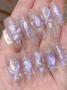 Ice Transparent Purple Butterfly Cat Eye Gradient Smoky Sweet Pure Desire Detachable Wearable Nail Art False Nails Tips