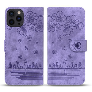 Sakura Cat Embossed Flip Cover Phone Case for  11/12/13/14 Promax PlusX/XR/7/8/16 Series Cute Protective Shell Anti-Fall